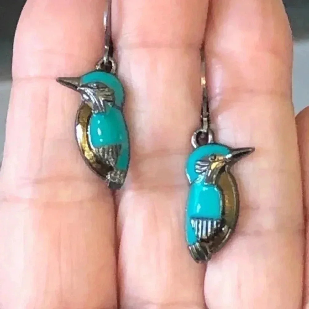Pretty Turquoise Color Gray Grey Bird Hummingbird Drop Earrings NWT